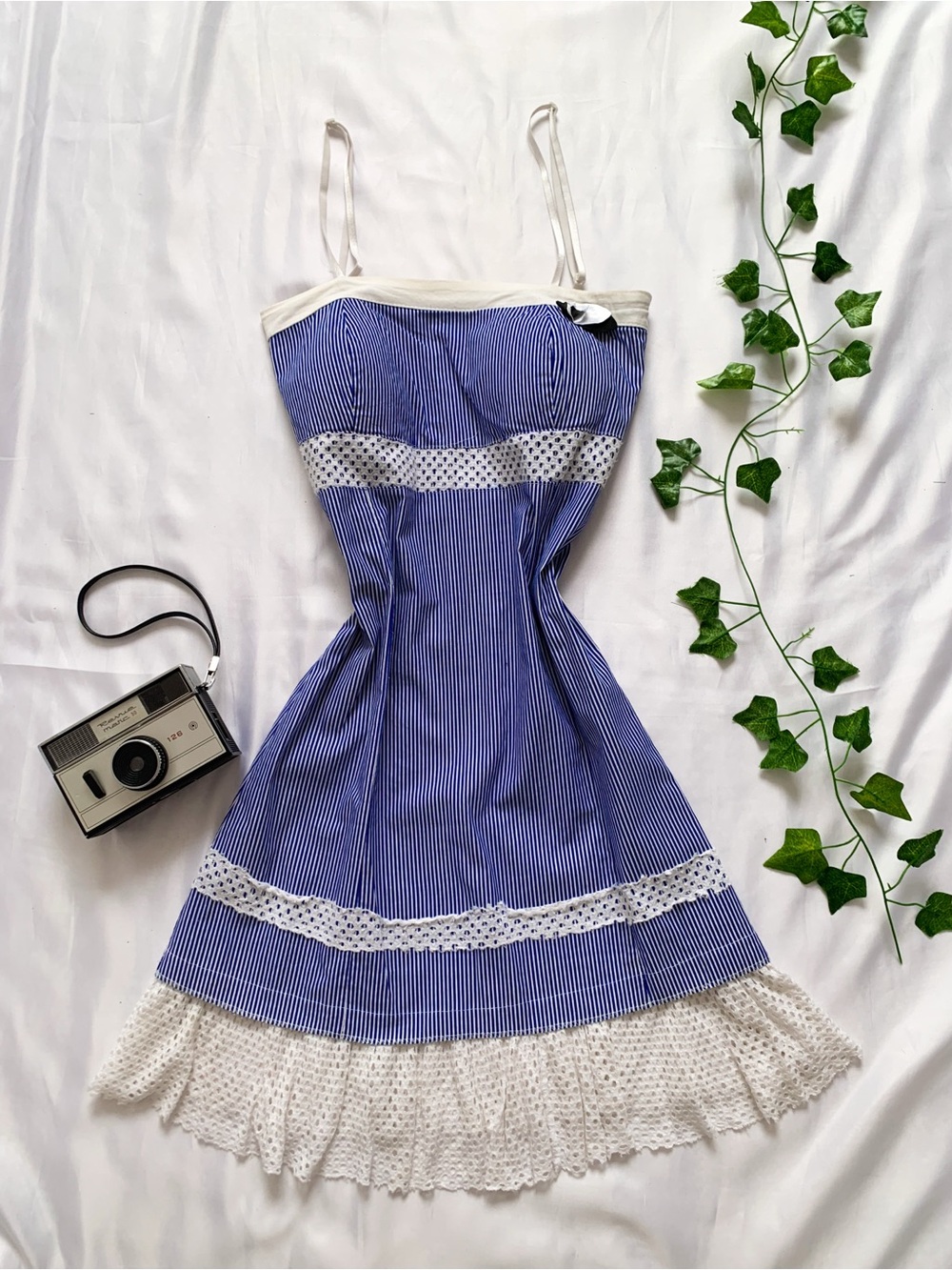 Y2K Vintage Blue & White Striped Cami Dress with Lace Trim
